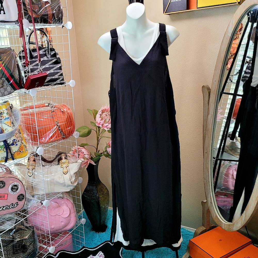 Black Layered V-Neck Maxi Dress with White Underdress